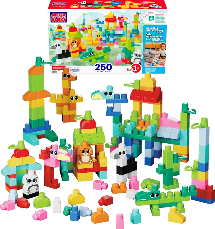 MEGA BLOKS Fisher-Price Toddler Building Toy, Animal Blocks with 250 Pieces and Reusable Storage Bag, Kids Ages 1+ Years, JCF93
