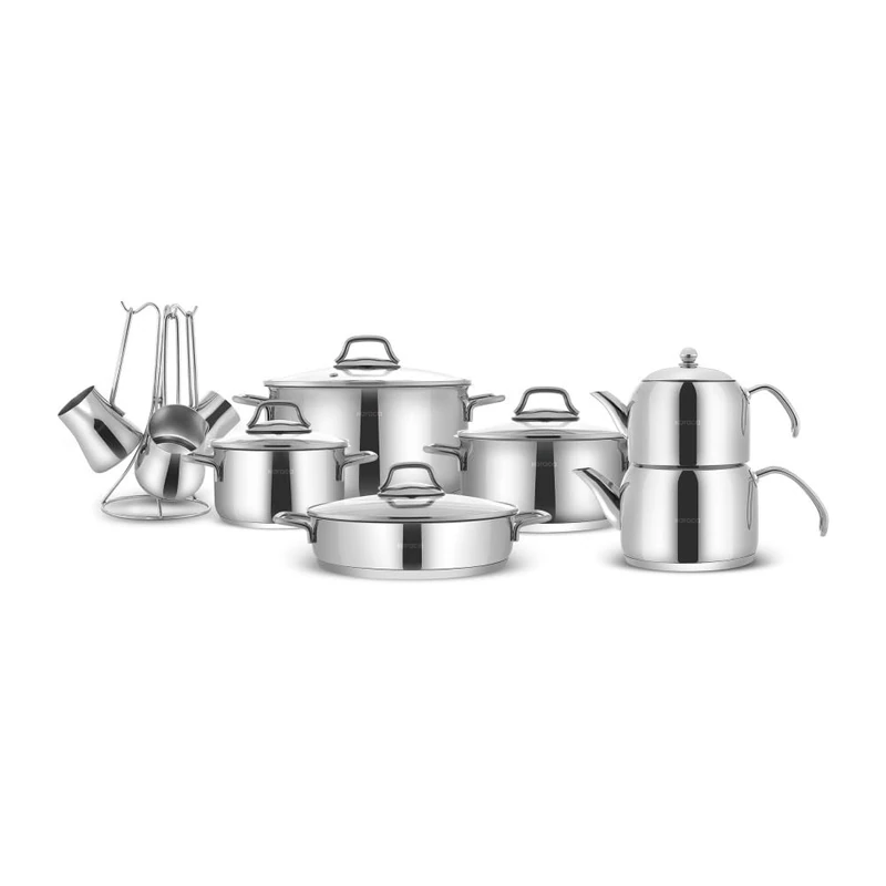 Karaca Belgrad 15 Pcs Stainless Steel Pots with Lids, Induction Compatible Complete Cooking Pots, Turkish Tea Set (Caydanlik) & Coffee Maker, Durable Cookware Set (Tencere SETI)