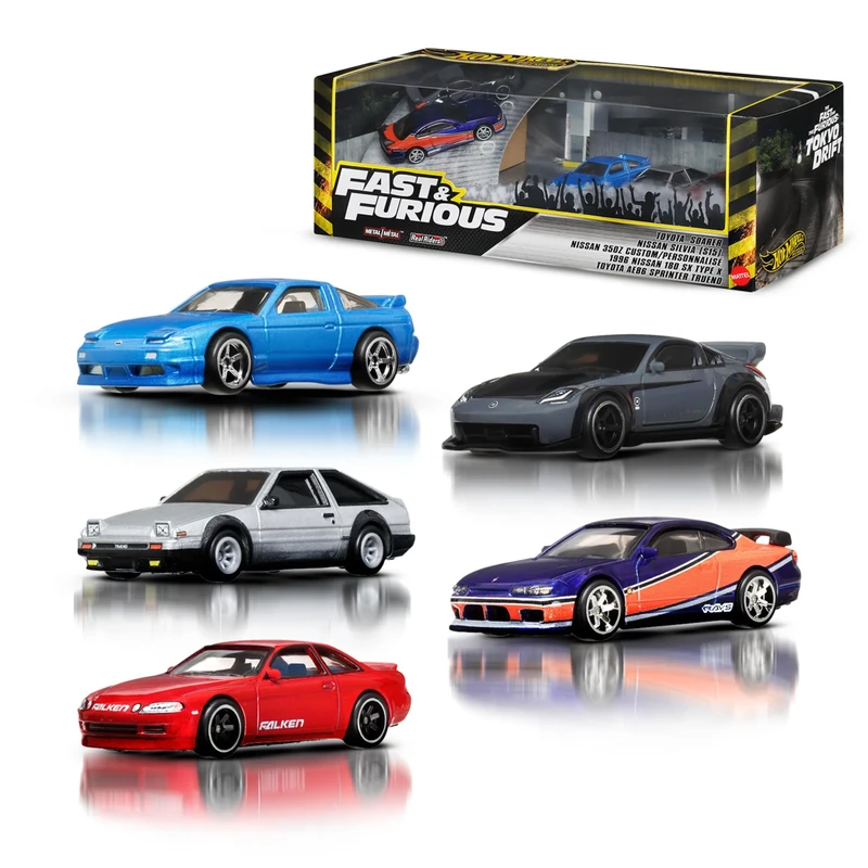 Hot Wheels Toy Cars, Premium Fast & Furious Tokyo Drift Bundle, 5 1:64 Scale Die-Cast Vehicles from the Fast Movie in Collectable Packaging