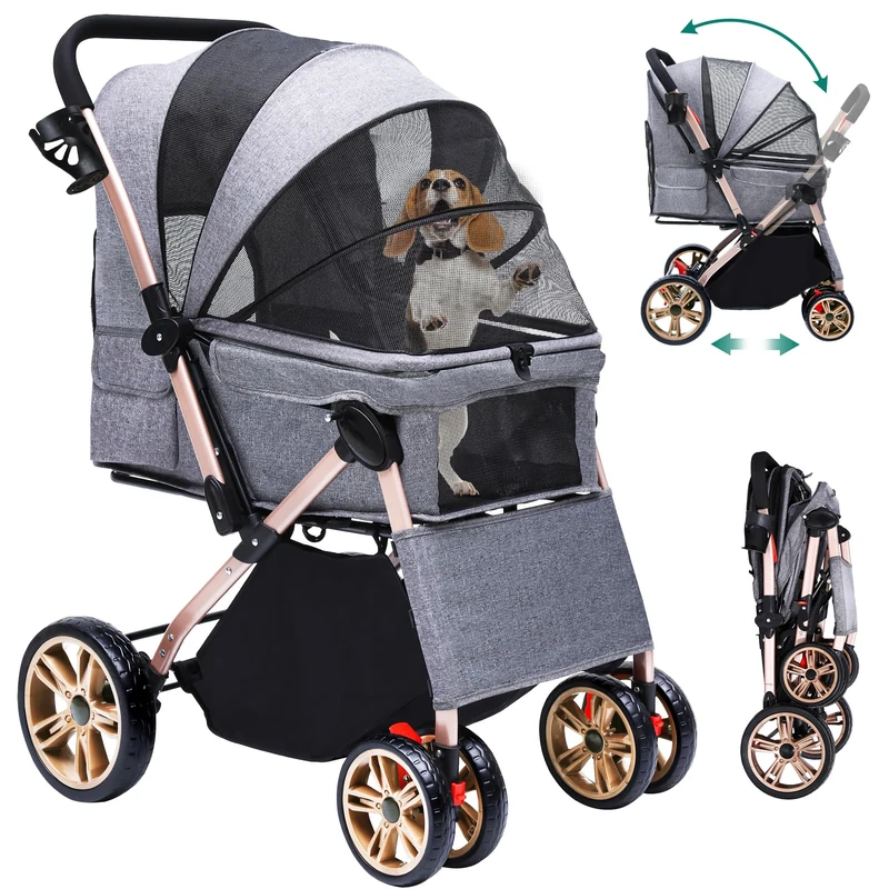 YITAHOME Foldable Dog Stroller for Small Dogs, Pet Buggy with Reversible Handle, Mesh Windows, Cup Holder, 360° Rotating EVA Wheels with Brakes (Grey)