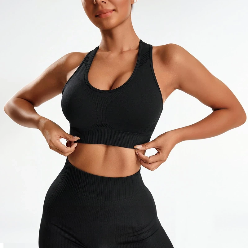 Wireless Bra for Women Supportive Seamless Bra for Yoga Gym Everyday Wear Medium Impact Activewear Bra, Black 7, Medium