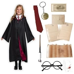 Amazluck Wizard Costume, Wizard Black Cape Magic Robe Costume Cloak with Hood Tie Wand Glasses Frame Role Play Suit Suitable For Halloween Cosplay Fancy Dress for Kids Child Boys Girls