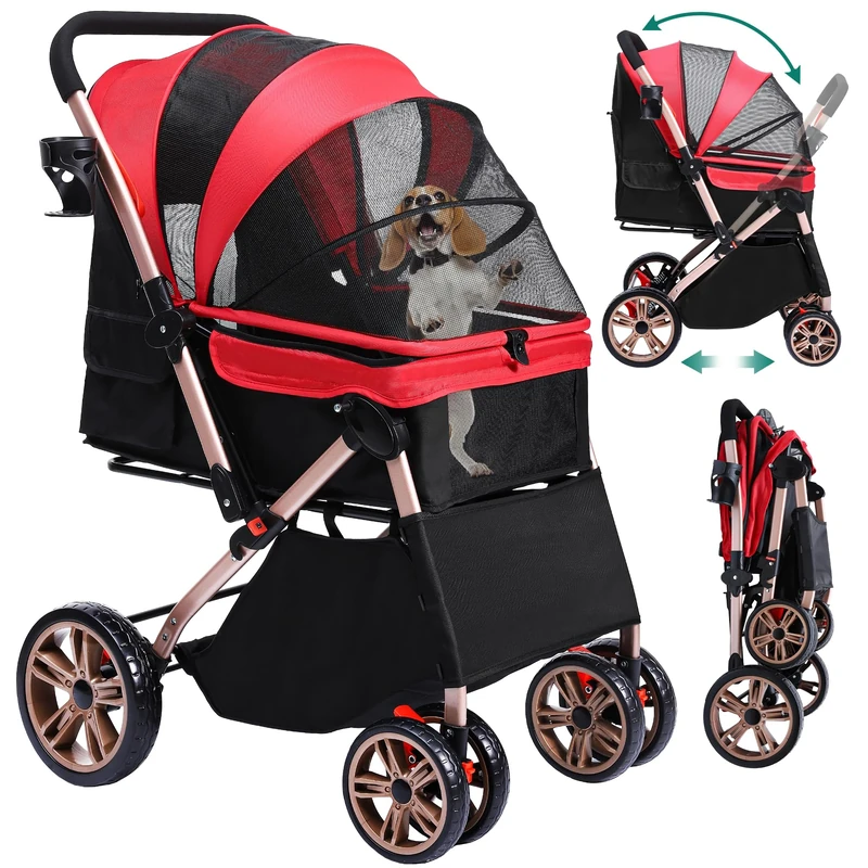 YITAHOME Foldable Dog Stroller for Small Dogs, Pet Buggy with Reversible Handle, Mesh Windows, Cup Holder, 360° Rotating EVA Wheels with Brakes (Red)