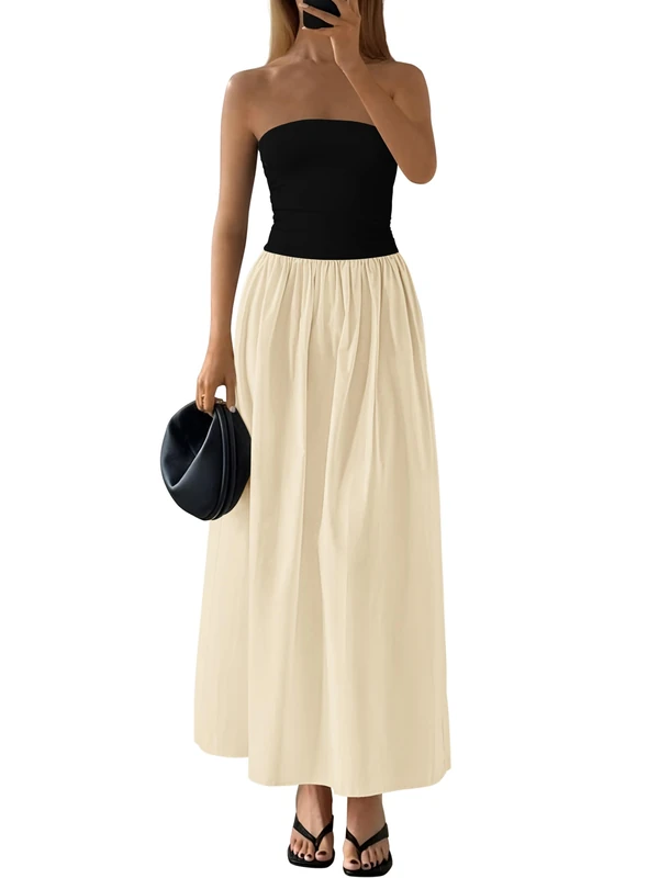 PRETTYGARDEN Women 2025 Summer Elegant Strapless Maxi Dress Tube Top Dress A Line Flowy Long Wedding Party Cocktail Dresses, Black Apricot, M - Image 1