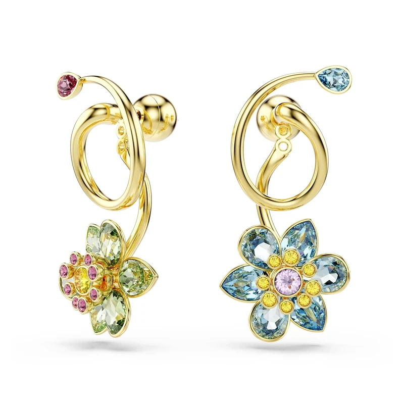 Swarovski Idyllia Drop Earrings, Asymmetrical Flower Motif with Multicoloured Mixed-Cut Crystals in a Gold-Tone Finished Setting, Part of the Swarovski Idyllia Collection