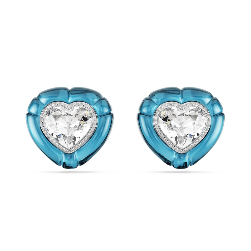 Swarovski Dulcis Clip Earrings, Blue Heart Motif with Clear Heart-Cut Crystals in a Rhodium-Finished Frame, Part of the Swarovski Dulcis Collection