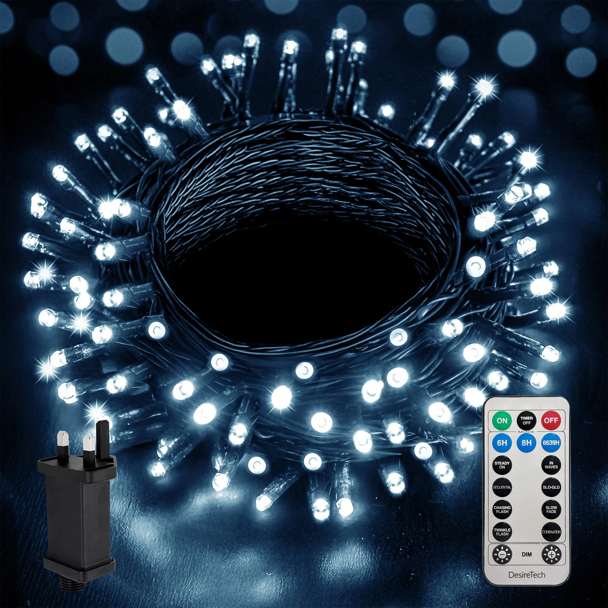 Desiretech - LED Plug-in Christmas Lights - Waterproof Holiday String Lights with Remote, 8 Modes, Timer for Christmas Trees, Garlands, Wreaths and Festive Decor, Dimmable (Cool White, 20m / 200 LED)