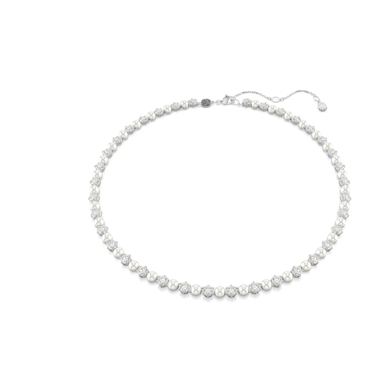 Swarovski Matrix Tennis Necklace, Clear Round-Cut Crystals and Crystal Pearls in a Rhodium-Finished Setting, Part of the Matrix Collection