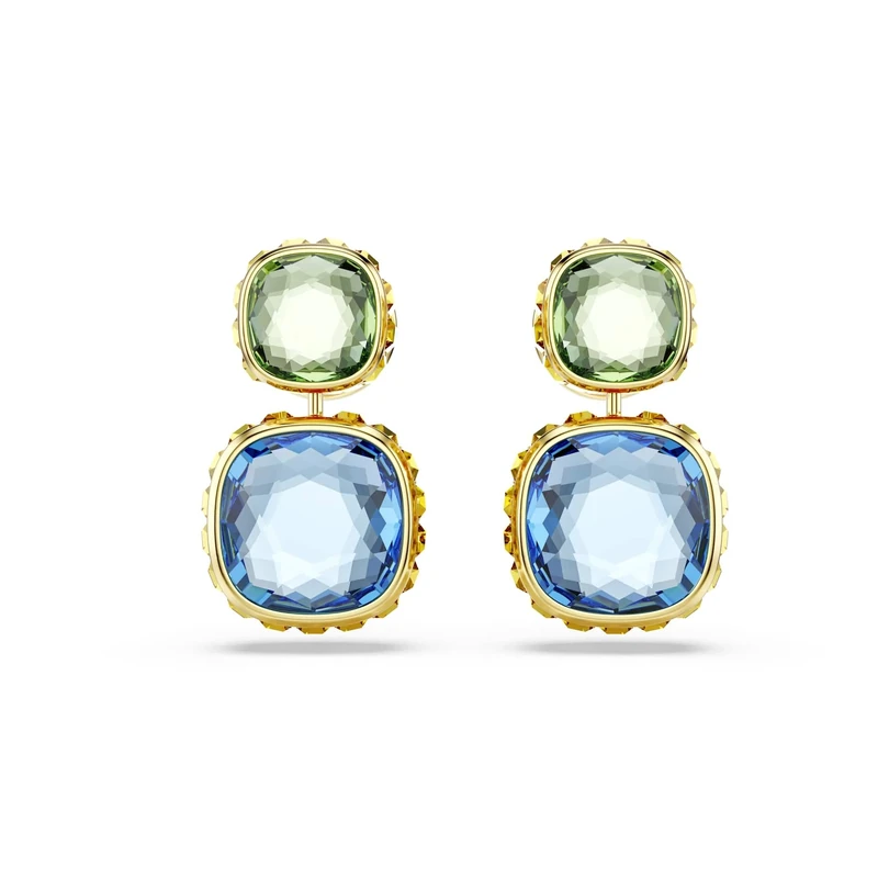 Swarovski Chroma Drop Earrings, Multicoloured Cushion-Cut Crystals in a Gold-Tone Finished Setting, Part of the Swarovski Chroma Collection - Image 1