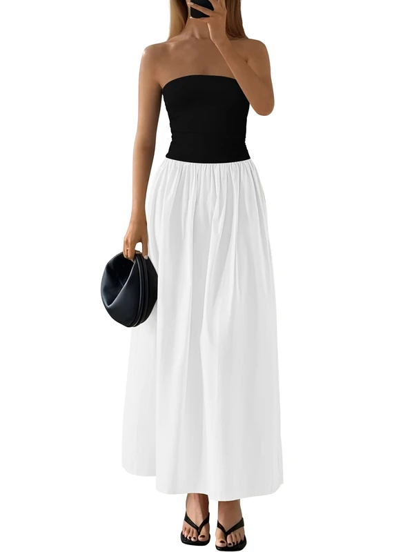 PRETTYGARDEN Women 2025 Summer Elegant Strapless Maxi Dress Tube Top Dress A Line Flowy Long Wedding Party Cocktail Dresses, Black White, S