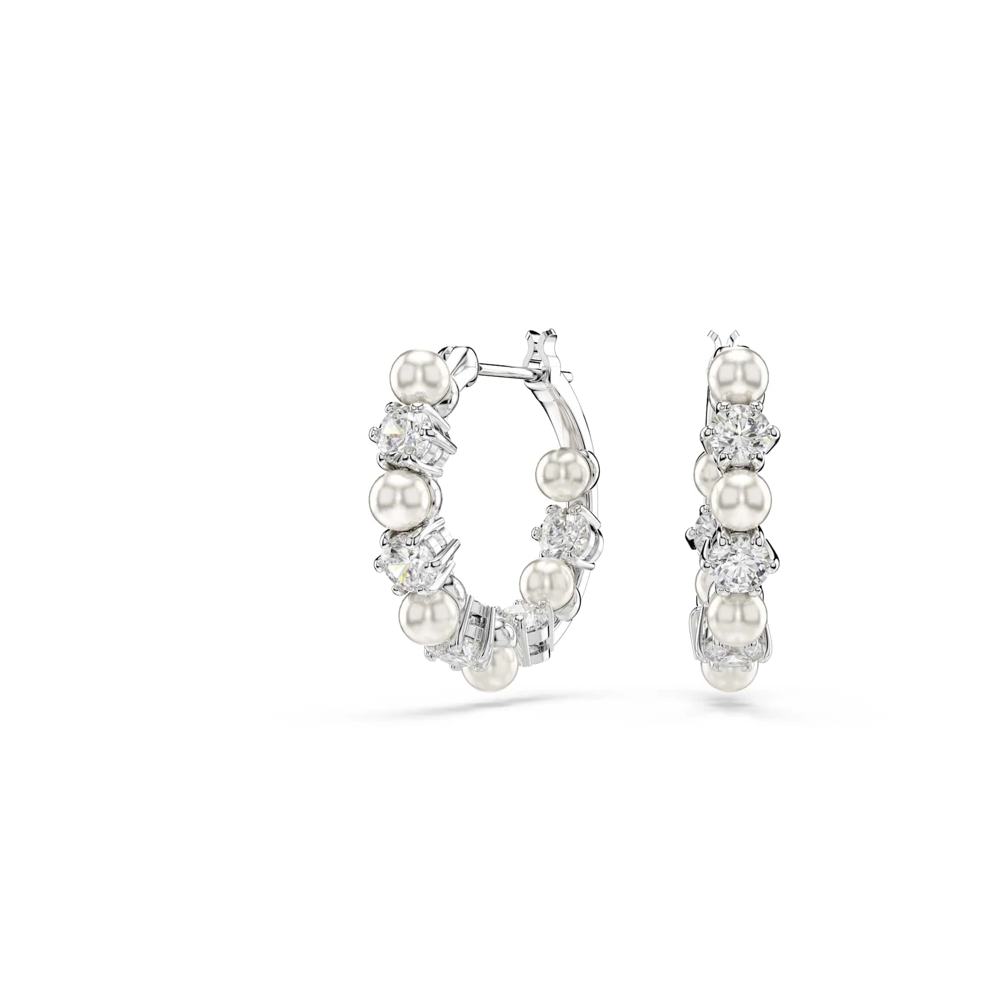 Swarovski Matrix Hoop Earrings, Clear Round-Cut Crystals and Crystal Pearls in a Rhodium-Finished Setting, Part of the Swarovski Matrix Collection