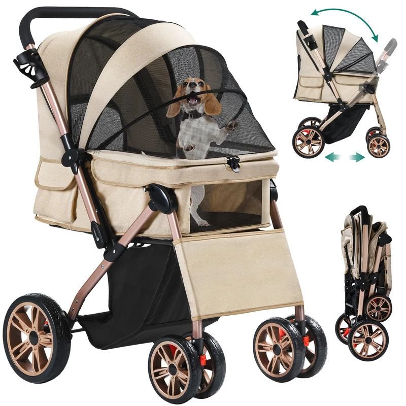 YITAHOME Foldable Dog Stroller for Small Dogs, Pet Buggy with Reversible Handle, Mesh Windows, Cup Holder, 360° Rotating EVA Wheels with Brakes (Khaki)
