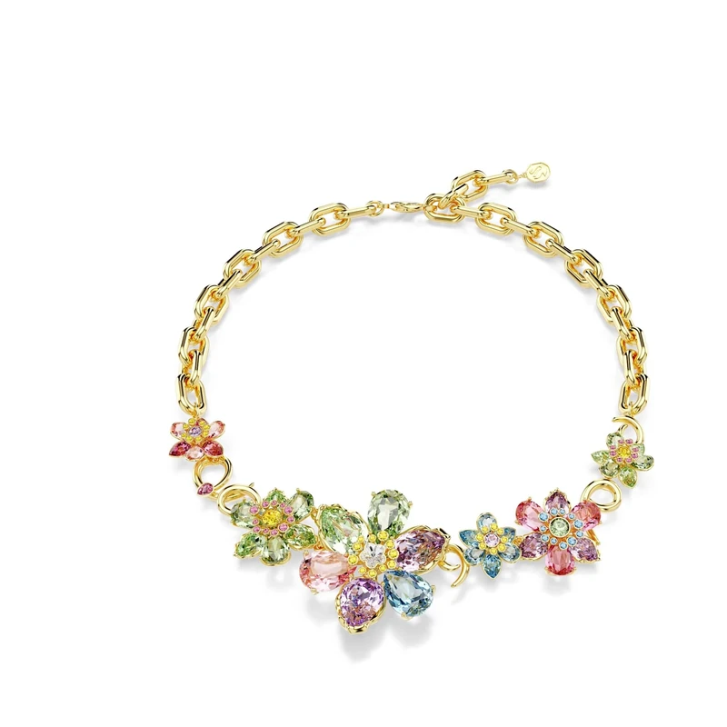 Swarovski Idyllia Necklace, Flower Motif with Multicoloured Mixed-Cut Crystals in a Gold-Tone Finished Setting, Part of the Idyllia Collection