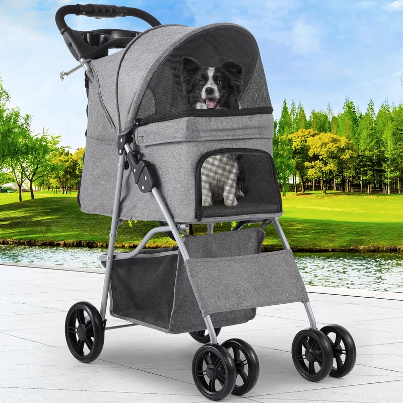 YITAHOME Pet Stroller for Small to Medium Dogs, 4-Wheel Dog Pushchair with Storage Basket, Foldable Pet Travel Carriage with Cup Holder & Storage Basket (Grey)
