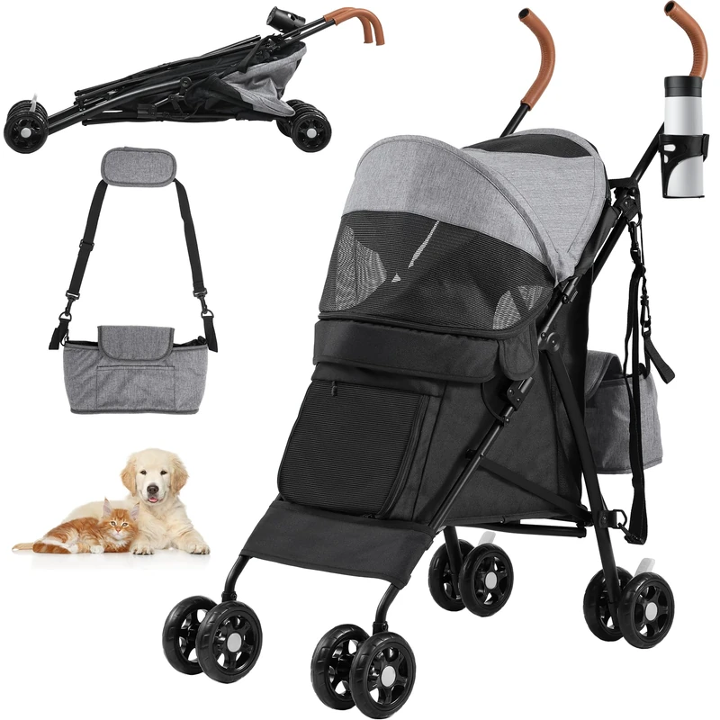 YITAHOME Pet Stroller for Small to Medium Dogs, 4-Wheel Dog Pushchair with Shoulder Straps, Folding Pet Travel Carriage with Cup Holder & Storage Bag (Grey Black)