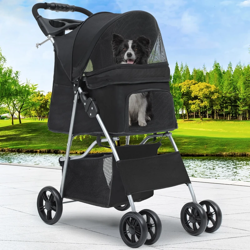 YITAHOME Pet Stroller for Small to Medium Dogs, 4-Wheel Dog Pushchair with Storage Basket, Foldable Pet Travel Carriage with Cup Holder & Storage Basket (Black)