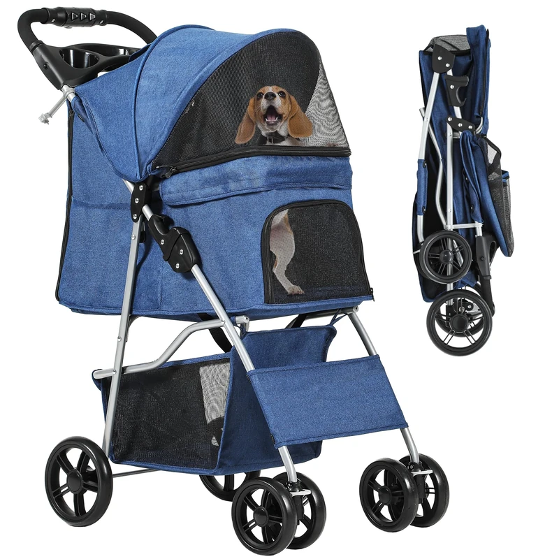 YITAHOME Pet Stroller for Small to Medium Dogs, 4-Wheel Dog Pushchair with Storage Basket, Foldable Pet Travel Carriage with Cup Holder & Storage Basket (Blue)