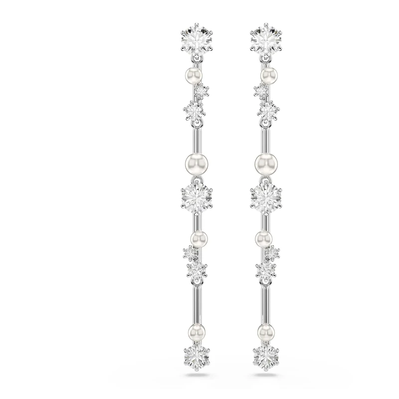 Swarovski Constella Drop Earrings, Clear Round-Cut Crystals and Crystal Pearls in a Rhodium-Finished Setting, Part of the Swarovski Constella Collection