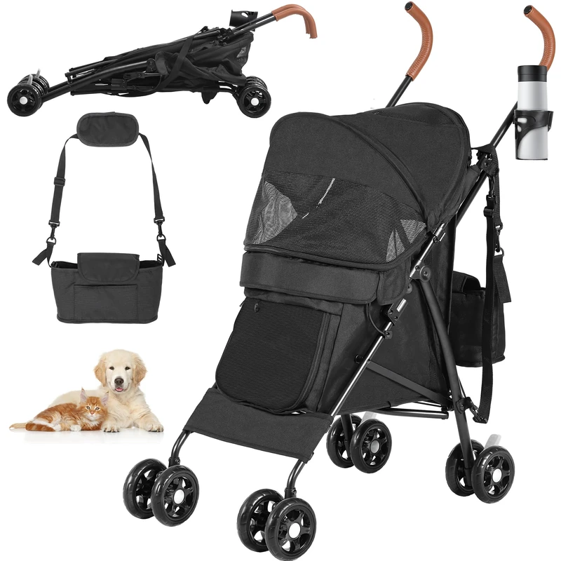YITAHOME Pet Stroller for Small to Medium Dogs, 4-Wheel Dog Pushchair with Shoulder Straps, Folding Pet Travel Carriage with Cup Holder & Storage Bag (Black)