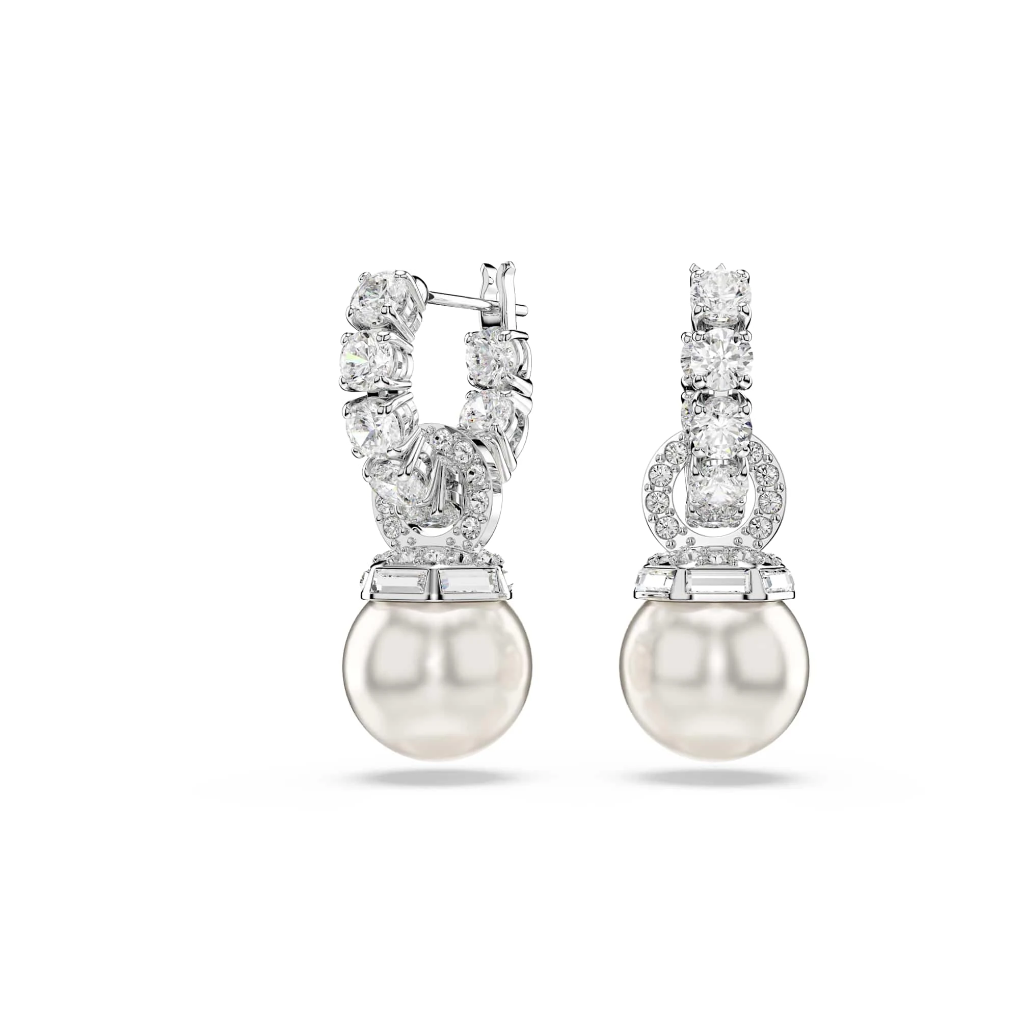 Swarovski Matrix Drop Earrings, Clear Round-Cut Crystals and Crystal Pearls in a Rhodium-Finished Setting, Part of the Swarovski Matrix Collection