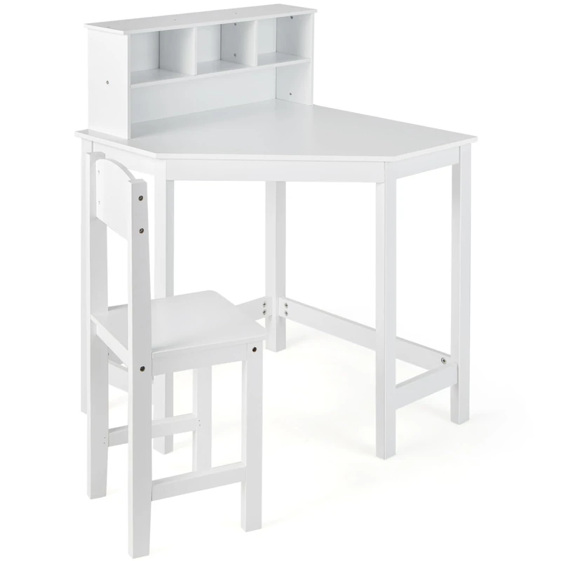 GYMAX Kids Desk and Chair Set, Children Study Table with Chair and Hutch, Wooden Corner Desk for Kid’s Bedroom, White