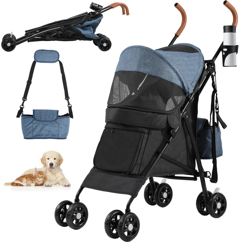 YITAHOME Pet Stroller for Small to Medium Dogs, 4-Wheel Dog Pushchair with Shoulder Straps, Folding Pet Travel Carriage with Cup Holder & Storage Bag (Blue Black)
