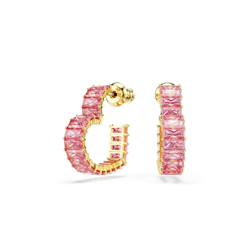 Swarovski Matrix Small Hoop Earrings, Heart Motif with Pink Baguette-Cut Crystals in a Gold-Tone Finished Setting, Part of the Swarovski Matrix Collection