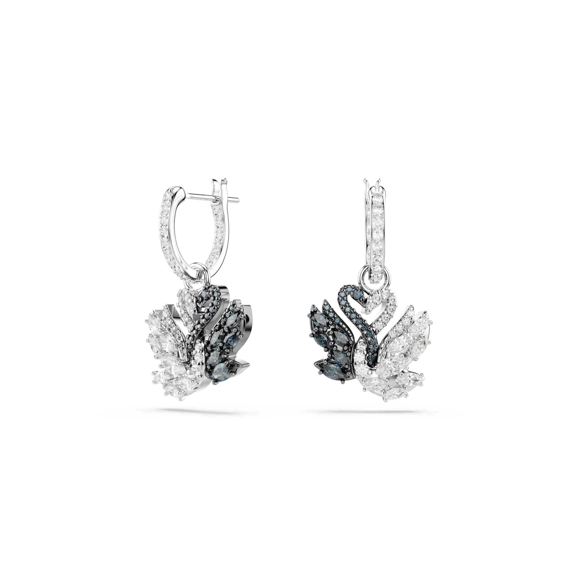 Swarovski Swan Drop Earrings, Black and Clear Mixed-Cut Crystals in a Rhodium & Ruthenium-Finished Setting, Part of the Swarovski Swan Collection