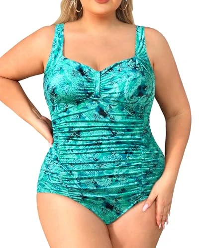 Daci Women Plus Size One Piece Swimsuits - Tummy Control Retro Ruched Bathing Suits Vintage Swimwear, Blue Paisley, XL