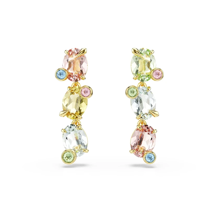 Swarovski Gema Drop Earrings, Asymmetrical Design with Multicoloured Mixed-Cut Crystals in a Gold-Tone Finished Setting, Part of the Swarovski Gema Collection