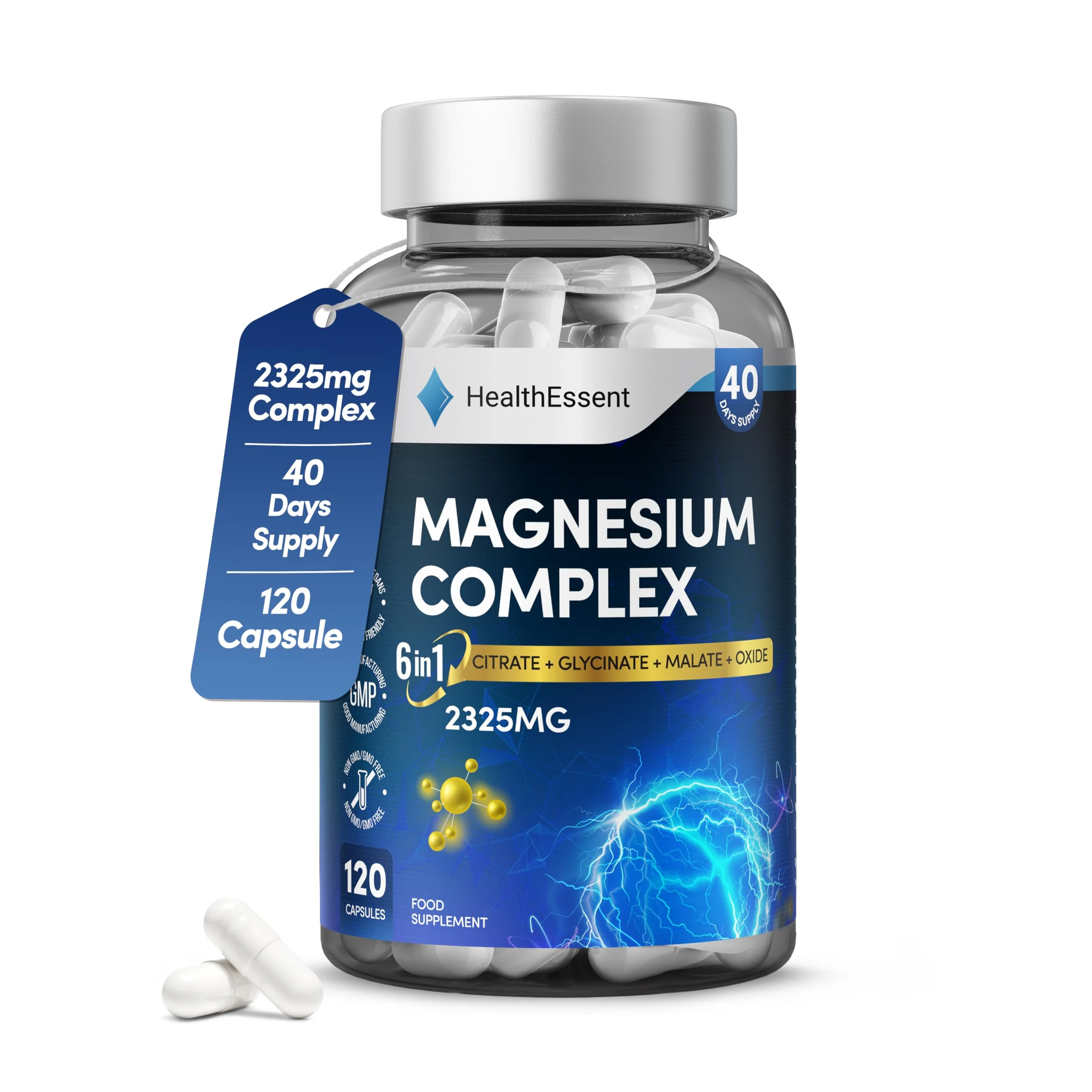 Magnesium 6-in-1 Complex, 2325mg with Magnesium Citrate, Glycinate, Malate, Oxide, Taurate and Orotate - Promotes Sleep, Energy and Muscles - For Stress & Anxiety Relief - 120 Capsules by HealthEssent