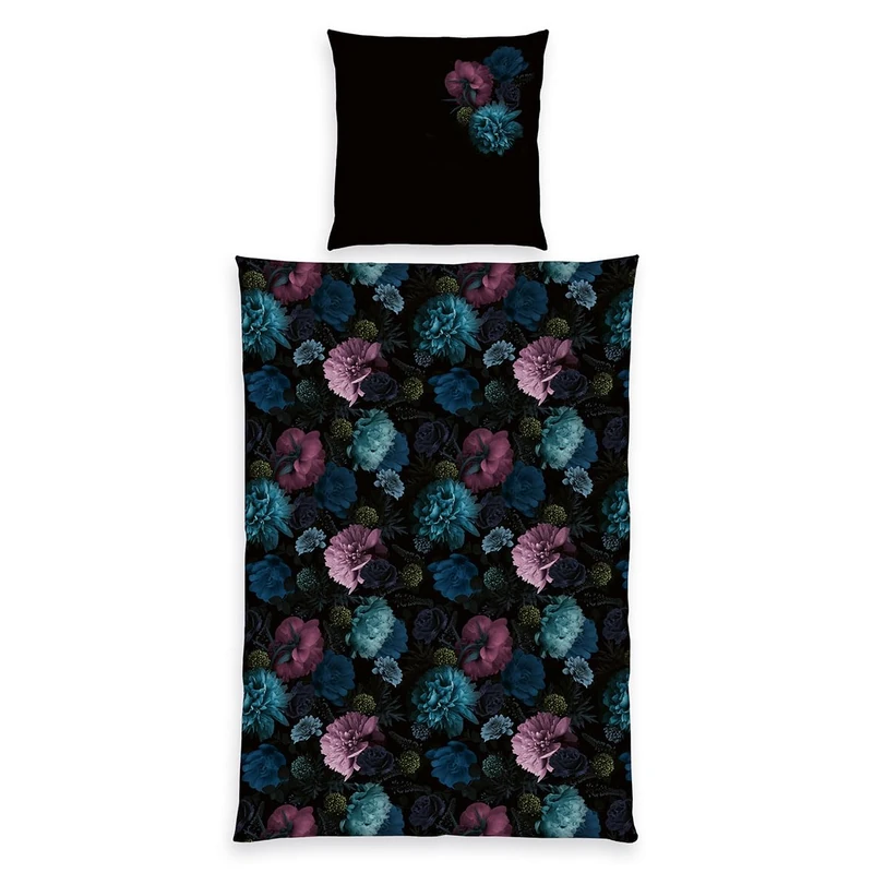 Home Edition Satin Bed Linen Flowers, Pillowcase Approx. 80 x 80 cm, Duvet Cover Approx. 155 x 220 cm, with Branded Zip, 100% Cotton/Satin