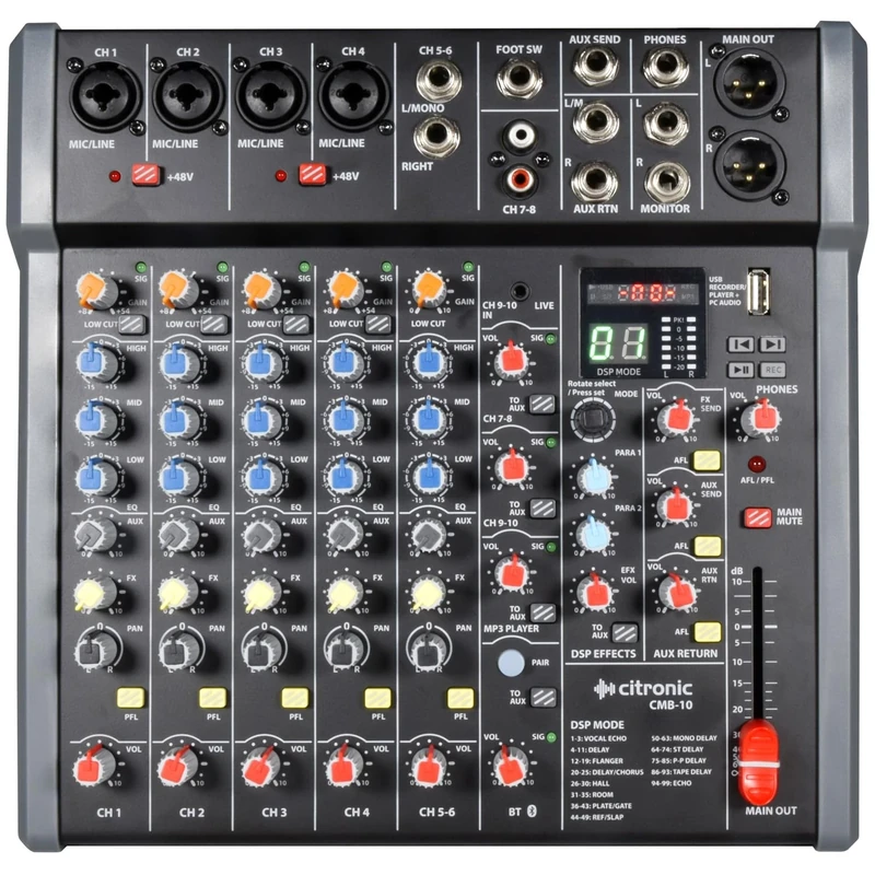 Citronic | CMB-Series Compact 4-Channel Audio Mixer with 99-Preset DSP Effects, USB Audio Interface, Bluetooth Streaming, and PC Connectivity for Live Sound and Studio Recording