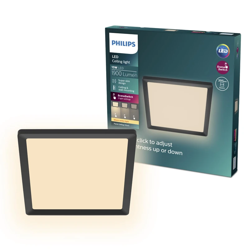 Philips LED SceneSwitch Ceiling Light (15 W), Rectangular (40x40 cm), with Warm White Light, dimmable, Black