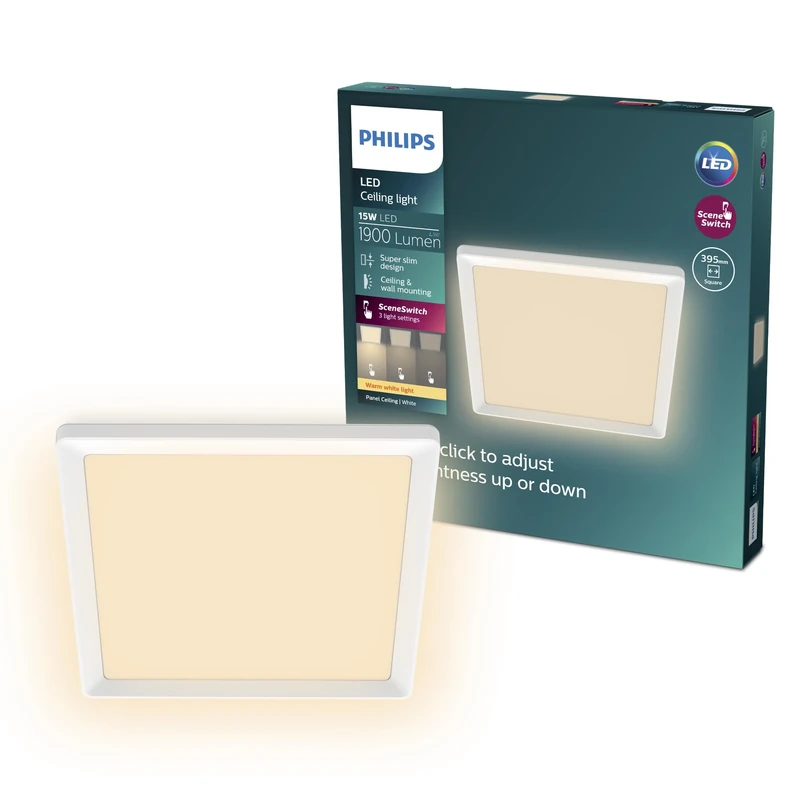 Philips LED SceneSwitch Ceiling Light (15 W), Rectangular (40x40 cm), with Warm White Light, dimmable, White