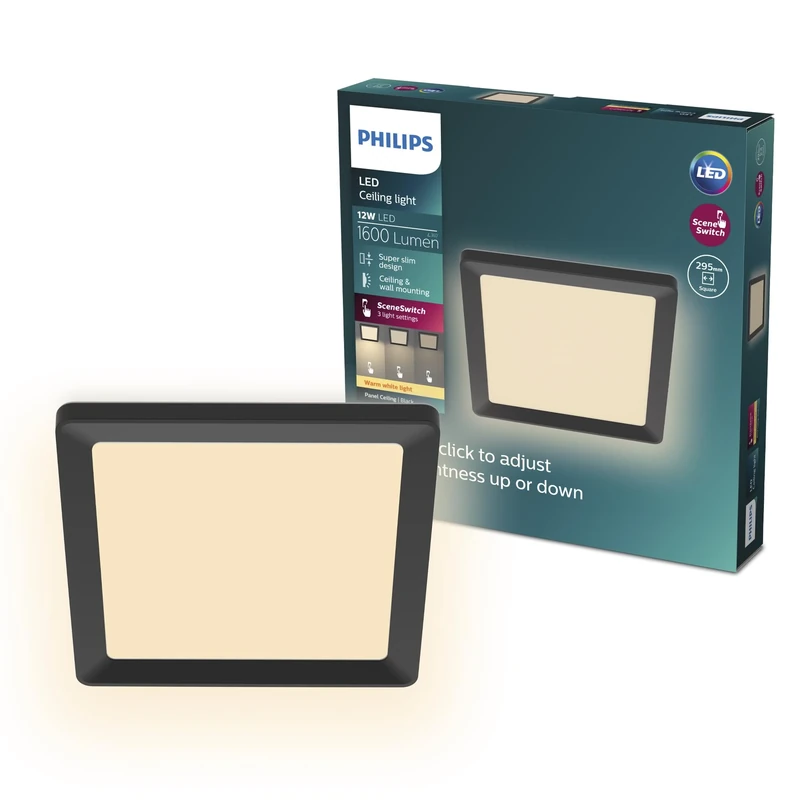 Philips LED SceneSwitch Ceiling Light (12 W), Rectangular (30x30 cm), with Warm White Light, dimmable, Black