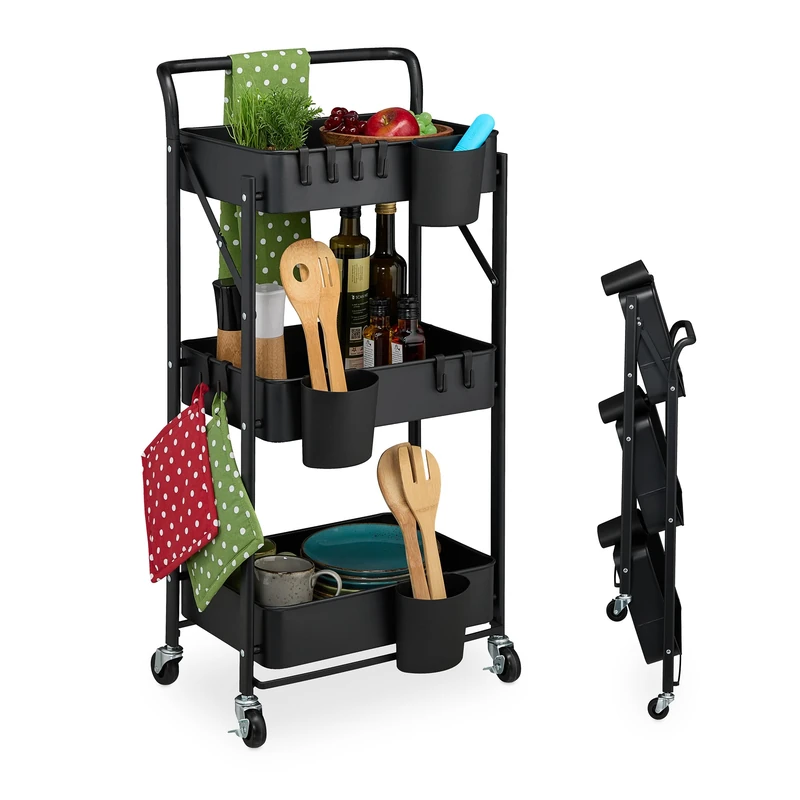 Relaxdays Serving Cart, Rolling, 3 Tiers, Kitchen Trolley, Bathroom & Office, HWD: 89 x 44.5 x 29 cm, Craft, Black, Steel