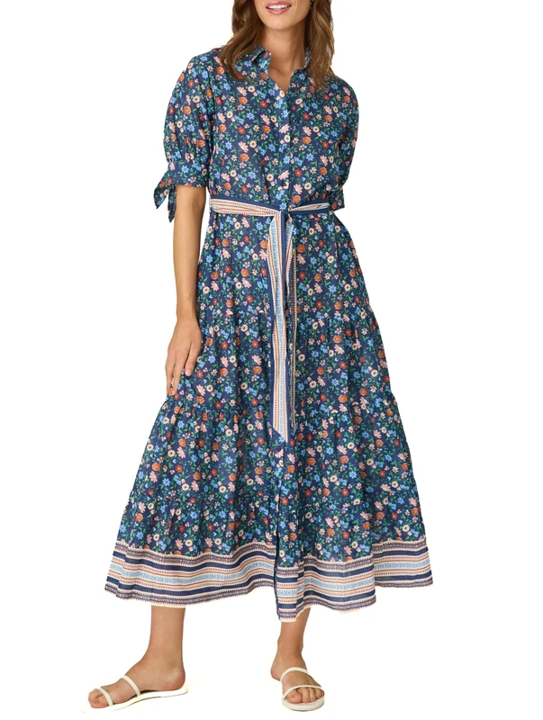 Shoshanna Women's Santana Floral Buttondown Tiered Midi Swimwear Cover Up, Navy, S - Image 1