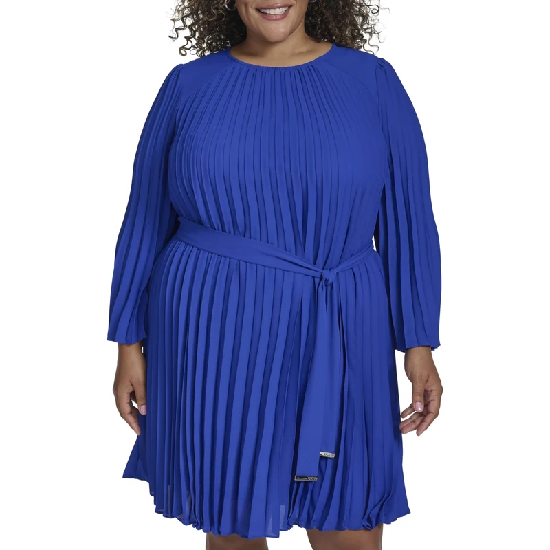 DKNY Women's L/S Pleated A-line Dress, Radiant Blue, 20 UK