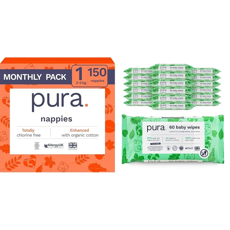 Pura Bundles of Joy - Newborn Pack, Size 1 (2-5kg / 4-11lbs), 6 x 25 Nappies (150 Total) + 18 Packs of 60 Baby Wipes, Gifts for Parents