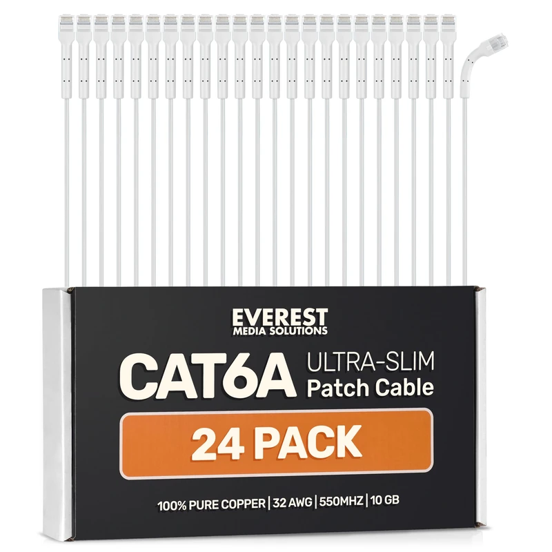 Everest Ultra Slim Cat6a Ethernet Patch Cables 15ft (24-Pack) White