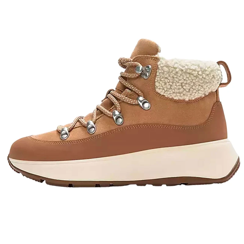 Fitflop Women's F-Mode Teddy-Collar Warm Suede LACE-UP Booties Ankle Boot, Desert Tan, 6 UK