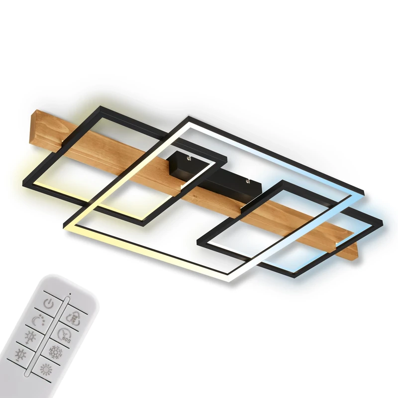 Briloner - LED Ceiling Light with Remote Control, continuously dimmable, LED lamp, Ceiling Light, Living Room lamp, Bedroom lamp, Kitchen lamp, 75x40x8 cm(WxH), Black-Wood