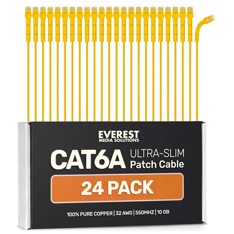 Everest Ultra Slim Cat6a Ethernet Patch Cables 15ft (24-Pack) Yellow