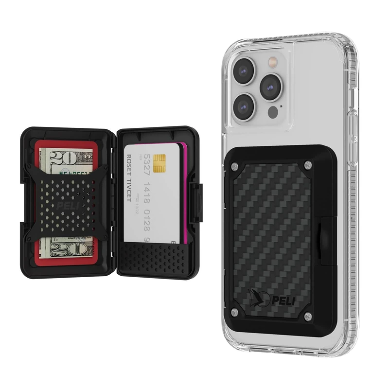 Peli Heavy Duty MIL-STD Snap-on MagSafe Wallet - RFID Blocking, Carbon Fiber, Black, Holds at Least 5 Cards + Cash, Compatible with iPhone 12 and Later