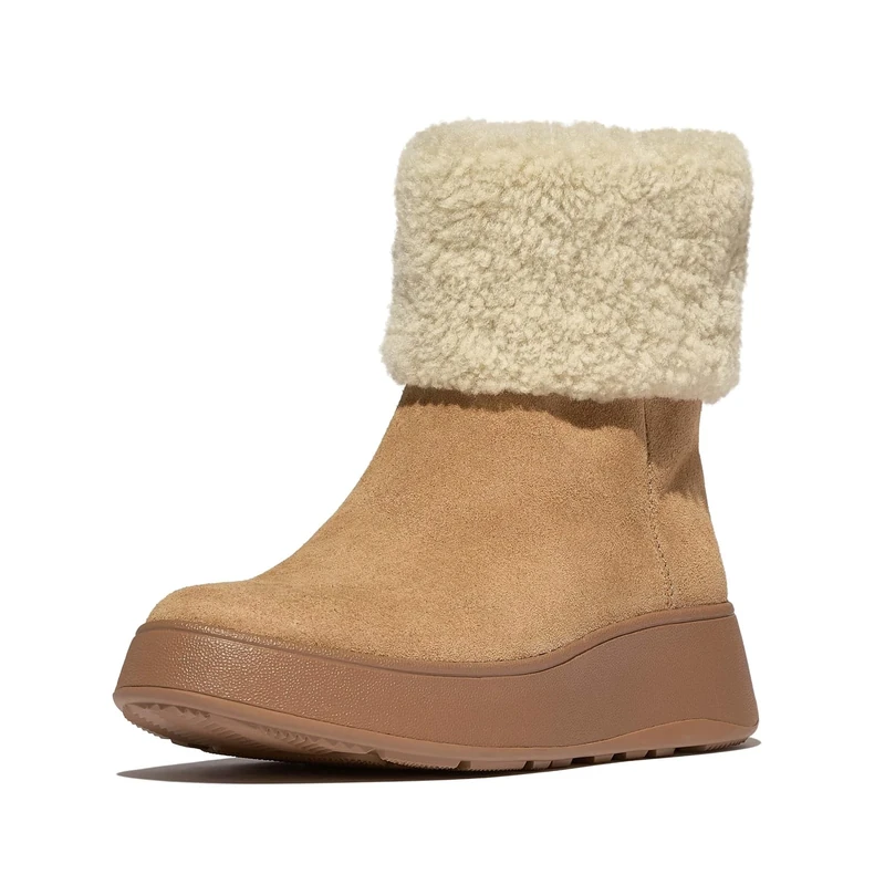 Fitflop Women's F-Mode Shearling-Collar Zip-UP Suede Ankle Boots, Desert Tan, 4.5 UK