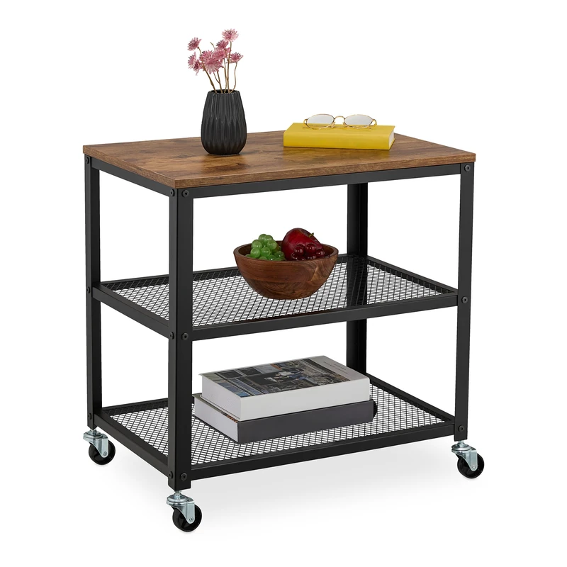 Relaxdays Utility Cart, Steel 40% fibreboard 20% Plastic, Black/Brown, 61 x 60 x 40 cm