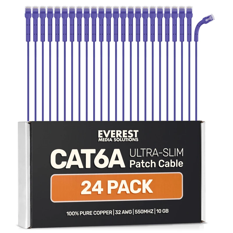 Everest Ultra Slim Cat6a Ethernet Patch Cables 10ft (24-Pack) Purple