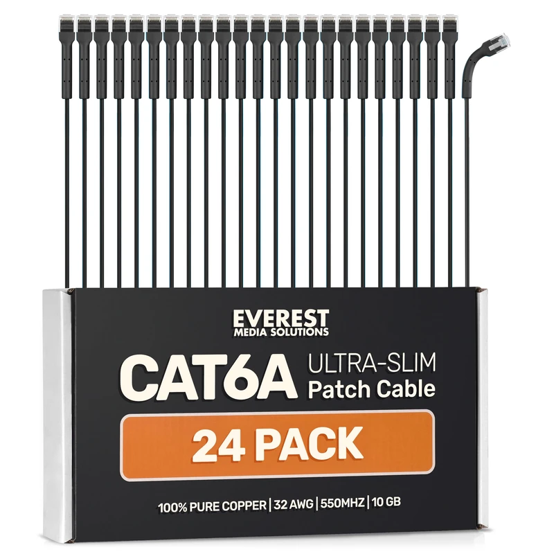 Everest Ultra Slim Cat6a Ethernet Patch Cables 15ft (24-Pack) Black