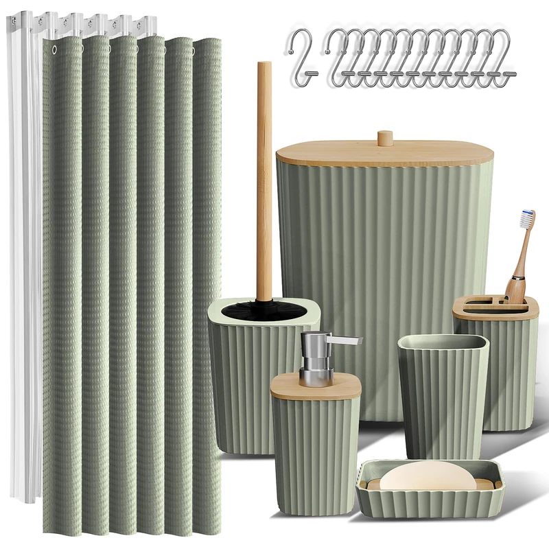Clara Clark Bathroom Accessories Set - Bathroom Accessory Set with Shower Curtain Set, Toilet Brush, Trash Can & Soap Dispenser (Sage Green, Complete Set) - Image 1